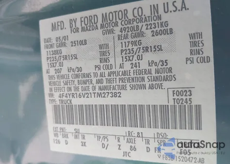 2001 Mazda B3000 Ds/Se z USA, uszkodzony, nr VIN 4F4YR16V21TM27382